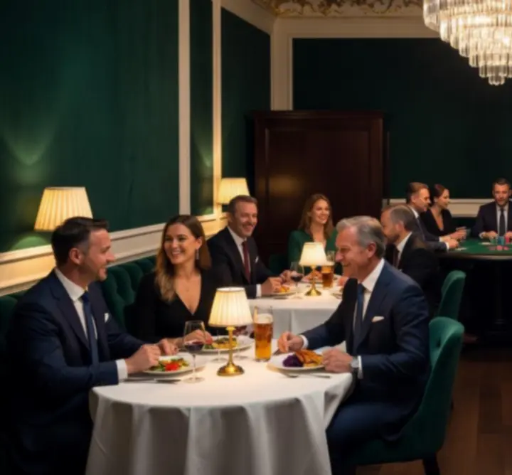Cinematická atmosféra restaurace s pokerovým stolem a společenským večerem