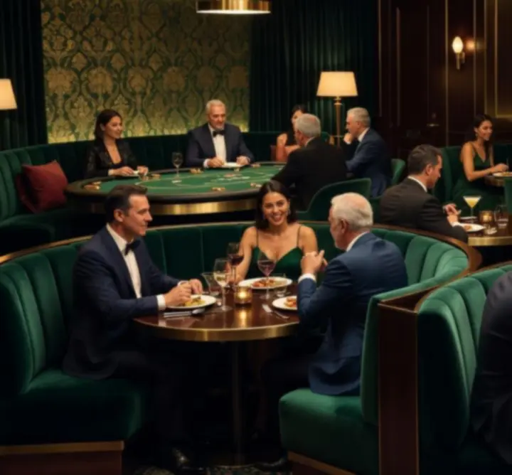 Elegantní interiér restaurace Klubovni Prubeh s pokerovým stolem v pozadí