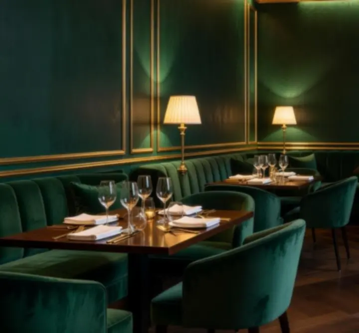 Stylový zelený salonek restaurace Klubovni Prubeh se zlatými detaily