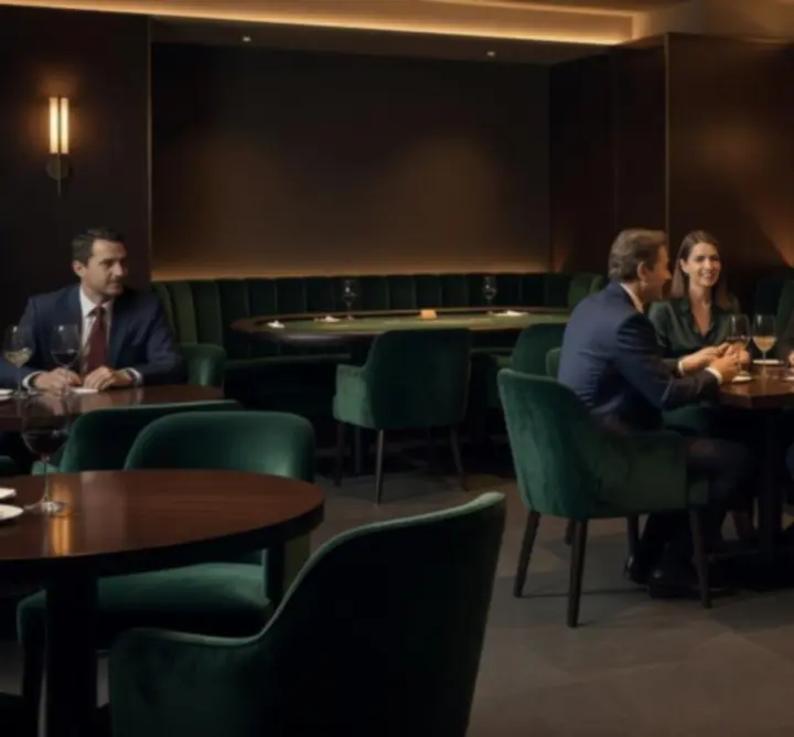 Elegantní interiér restaurace Klubovni Prubeh s útulným nasvícením a společenskou atmosférou