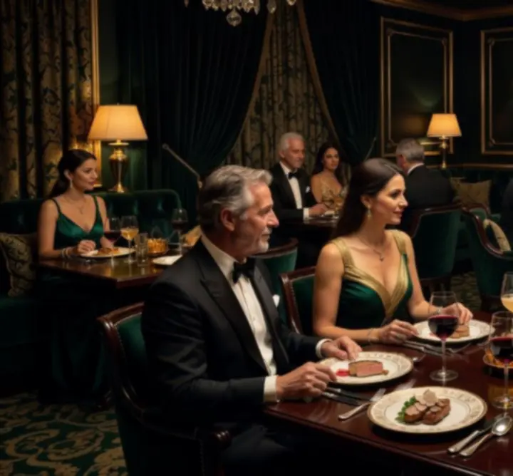 Elegantní interiér restaurace s pokerovým stolem a hosty u večeře